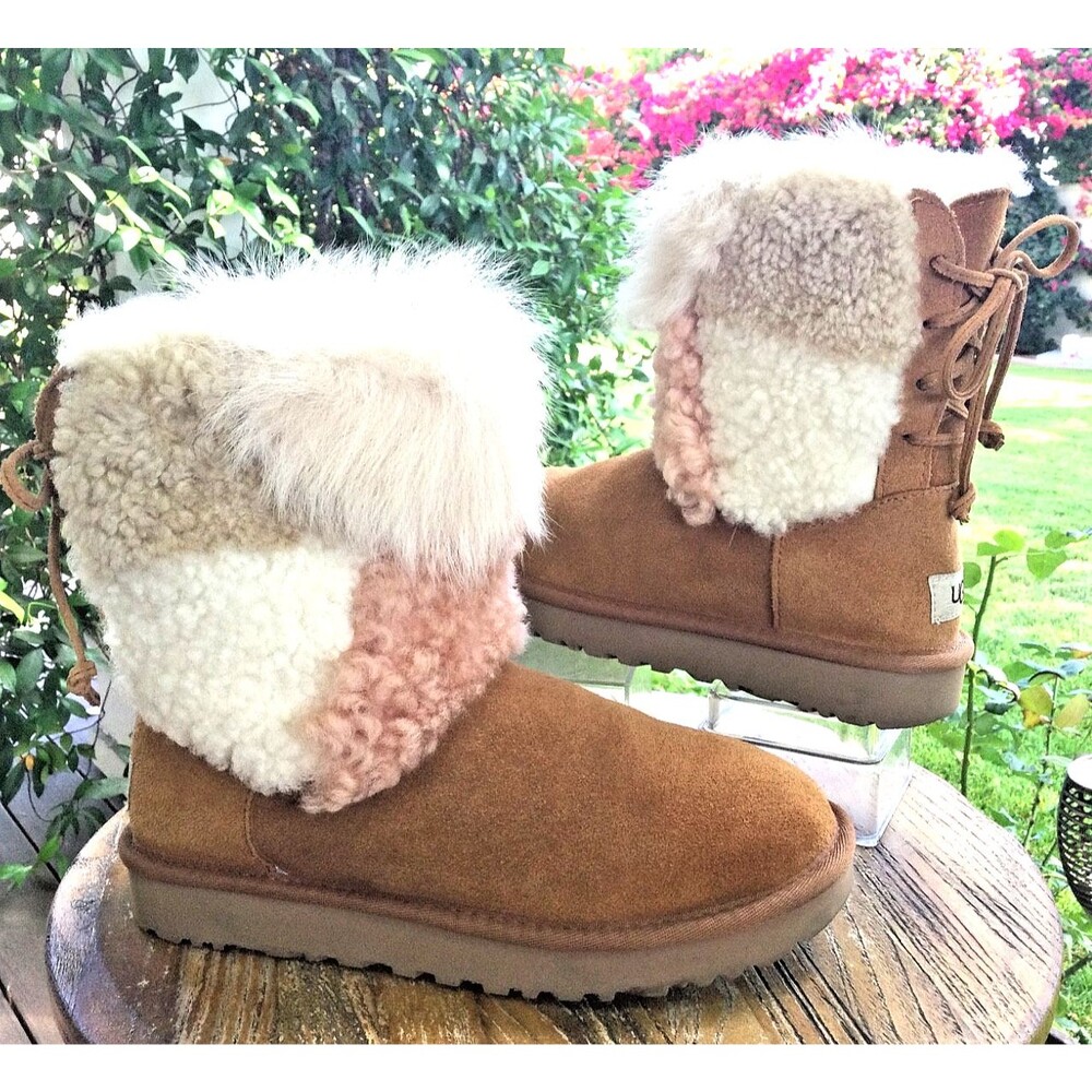 Ugg Classic Patchwork Boots Sz 6 Pink & White Lace Up Short Brown Suede1098071
